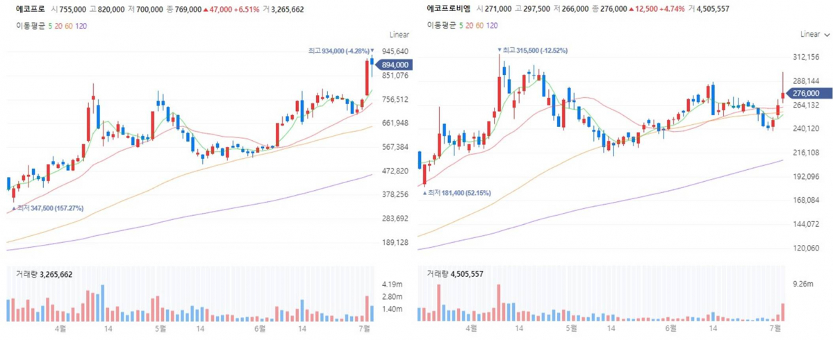 ▲에코프로, 에코프로비엠 차트 (출처=네이버증권)