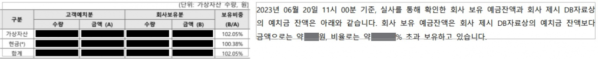 ▲가상자산 사업자들은 자산 실사 보고서에 보유 자금 출처가 아닌 보유 현황만을 공개하고 있다. (일부 가상자산 사업자 자산 실사보고서 발췌)