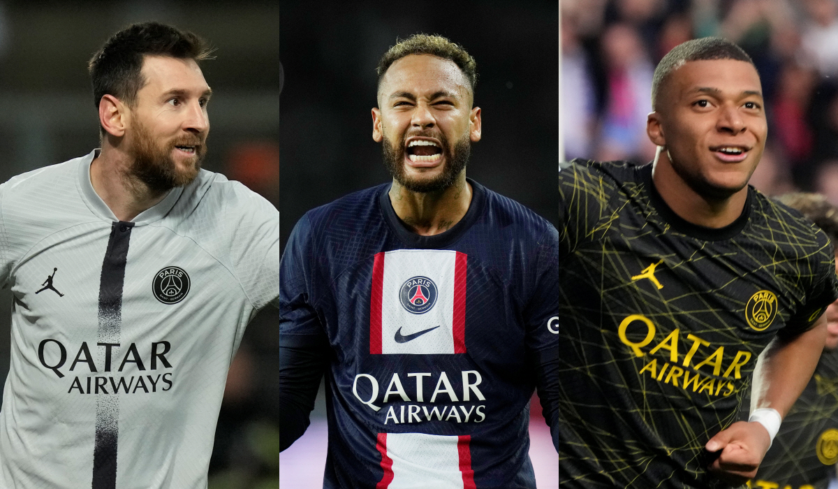 ▲리오넬 메시(왼쪽부터), 네이마르, 킬리안 음바페. (AP/뉴시스)