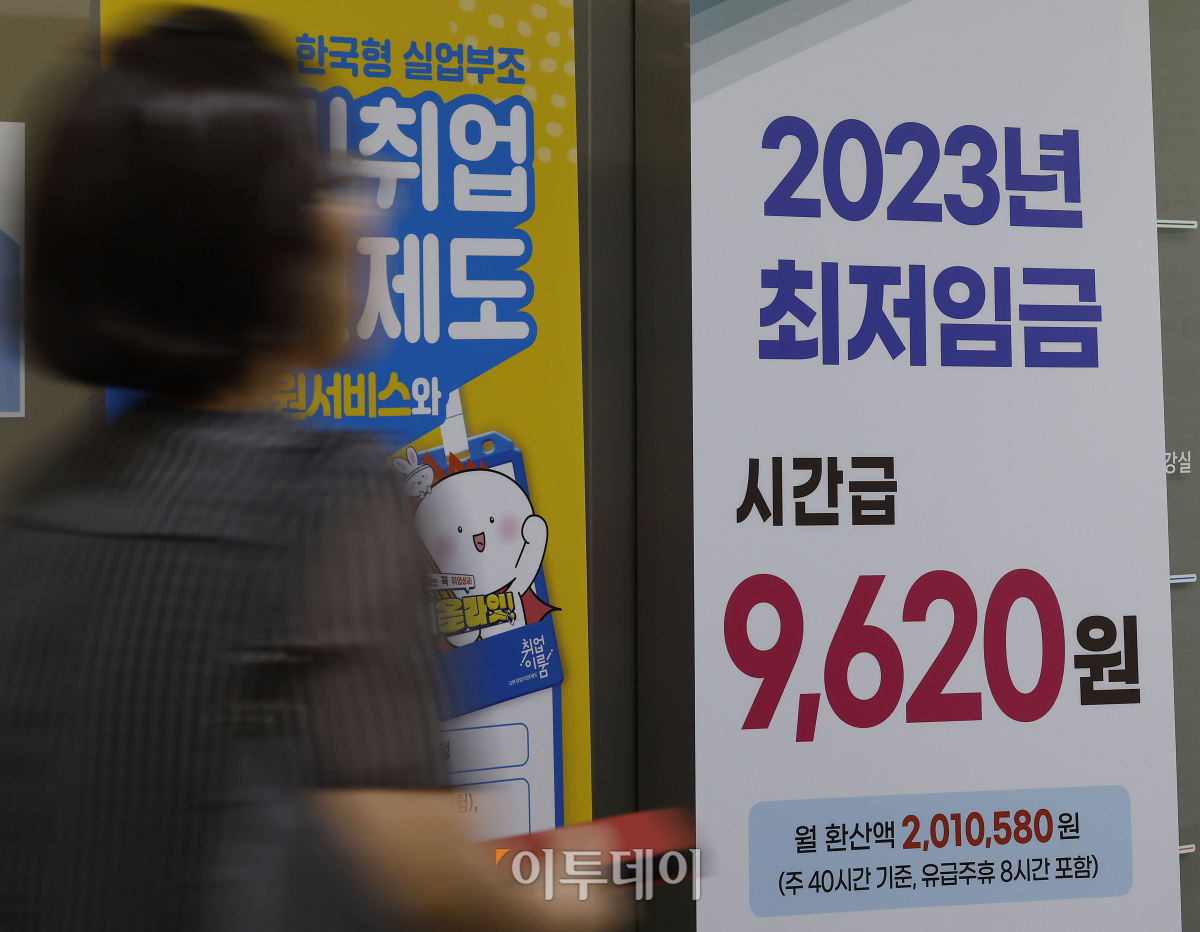 ▲11일 서울 마포구 서부고용복지플러스센터에 2023년 시간당 최저임금 안내문이 세워져 있다. 노사 간 간극이 좁혀지지 않은 2024년 최저임금이 1만원선을 넘을지 관심이 쏠리고 있는 가운데 최저임금위원회는 이날 오후 3시 12차 전원회의를 열고 내년도 최저임금을 결정한다. 조현호 기자 hyunho@