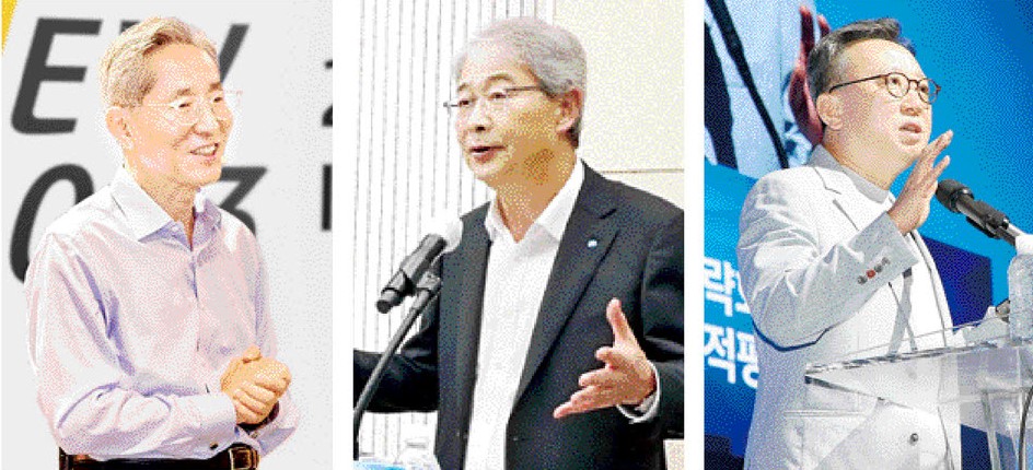 ▲(왼쪽부터)윤종규 KB금융지주 회장, 임종룡 우리금융지주 회장, 정상혁 신한은행장이 14일 각각 열린 '2023 하반기 경영전략회의'에서 임직원들에게 강연하고 있다. (사진제공=KB금융, 우리금융, 신한은행)