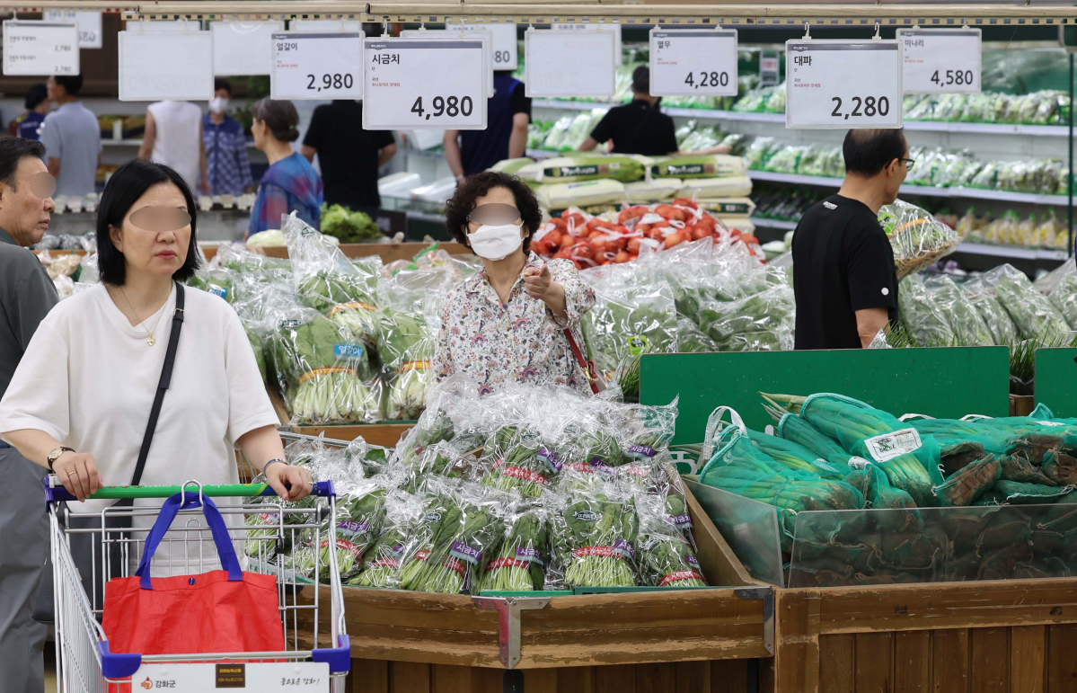 ▲역대급 폭우로 농산물 생산에 피해가 발생하며 최근 진정세를 보이던 밥상물가에 다시 비상등이 켜졌다. 시금치와 상추, 오이 등의 농산물 가격이 크게 올랐다. 18일 서울의 한 대형마트에서 시민들이 채소를 살펴보고 있다. 한국농수산식품유통공사(aT) 농산물유통정보에 따르면 17일 기준 시금치 도매가격은 4㎏에 5만4780원으로, 한 달 전의 1만7170원과 비교해 219.0% 상승했다. 적상추 도매가격은 4㎏에 5만7040원으로, 한 달 전의 1만9345원보다 194.9% 올랐다. 오이 도매가격도 100개에 6만2325원으로, 한 달 전(4만625원)과 비교해 53.4% 올랐다. 신태현 기자 holjjak@