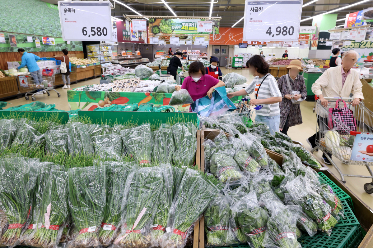 ▲역대급 폭우로 농산물 생산에 피해가 발생하며 최근 진정세를 보이던 밥상물가에 다시 비상등이 켜졌다. 시금치와 상추, 오이 등의 농산물 가격이 크게 올랐다. 18일 서울의 한 대형마트에서 시민들이 채소를 살펴보고 있다. 한국농수산식품유통공사(aT) 농산물유통정보에 따르면 17일 기준 시금치 도매가격은 4㎏에 5만4780원으로, 한 달 전의 1만7170원과 비교해 219.0% 상승했다. 적상추 도매가격은 4㎏에 5만7040원으로, 한 달 전의 1만9345원보다 194.9% 올랐다. 오이 도매가격도 100개에 6만2325원으로, 한 달 전(4만625원)과 비교해 53.4% 올랐다. 신태현 기자 holjjak@
