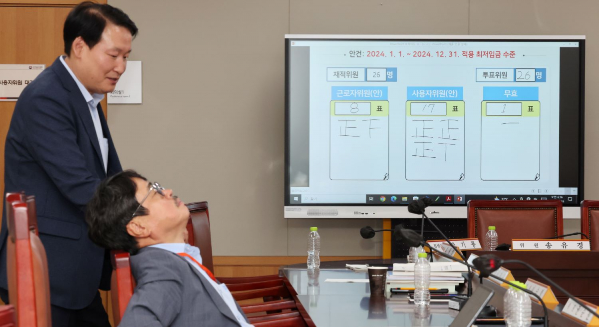 ▲ 2024년도 최저임금이 9천860원으로 결정됐다. 19일 오전 정부세종청사 최저임금위원회 회의실 모니터에 표결 결과가 게시돼 있다. (연합뉴스)