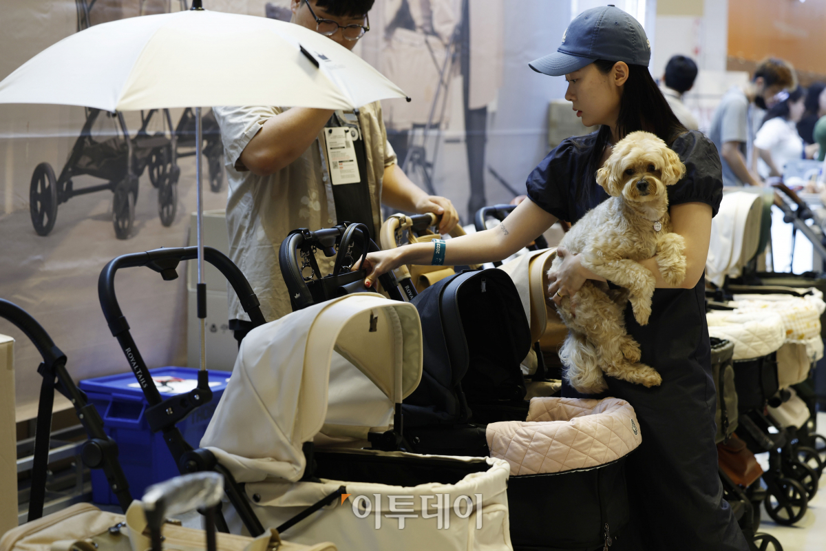 ▲21일 서울 강남구 코엑스에서 열린 '2023 케이펫페어'에서 관람객들이 반려동물 유모차를 살펴보고 있다. 조현호 기자 hyunho@