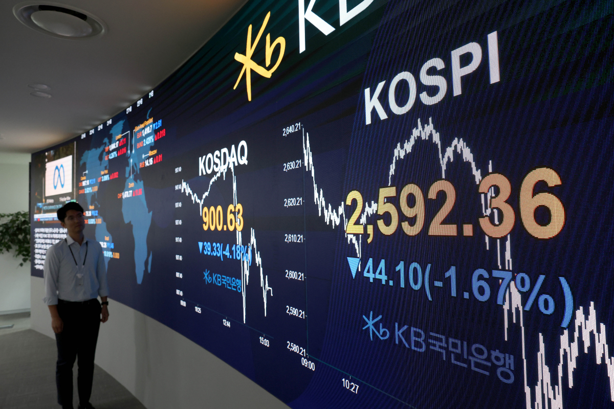 ▲코스피가 전 거래일보다 40포인트이상 떨어져 2600선이 깨지고 코스닥은 4%대 급락으로 장을 마감한 26일 서울 여의도 KB국민은행 딜링룸 전광판에 코스피가 전 거래일보다 44.10포인트(1.67%) 내린 2592.36과 코스닥이 전 거래일보다 39.33포인트(4.18%) 내린 900.63을 각각 가리키고 있다. 신태현 기자 holjjak@