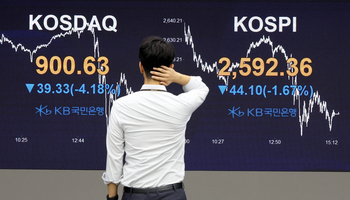 ▲코스피가 전 거래일보다 40포인트이상 떨어져 2600선이 깨지고 코스닥은 4%대 급락으로 장을 마감한 26일 서울 여의도 KB국민은행 딜링룸 전광판에 코스피가 전 거래일보다 44.10포인트(1.67%) 내린 2592.36과 코스닥이 전 거래일보다 39.33포인트(4.18%) 내린 900.63을 각각 가리키고 있다. 신태현 기자 holjjak@