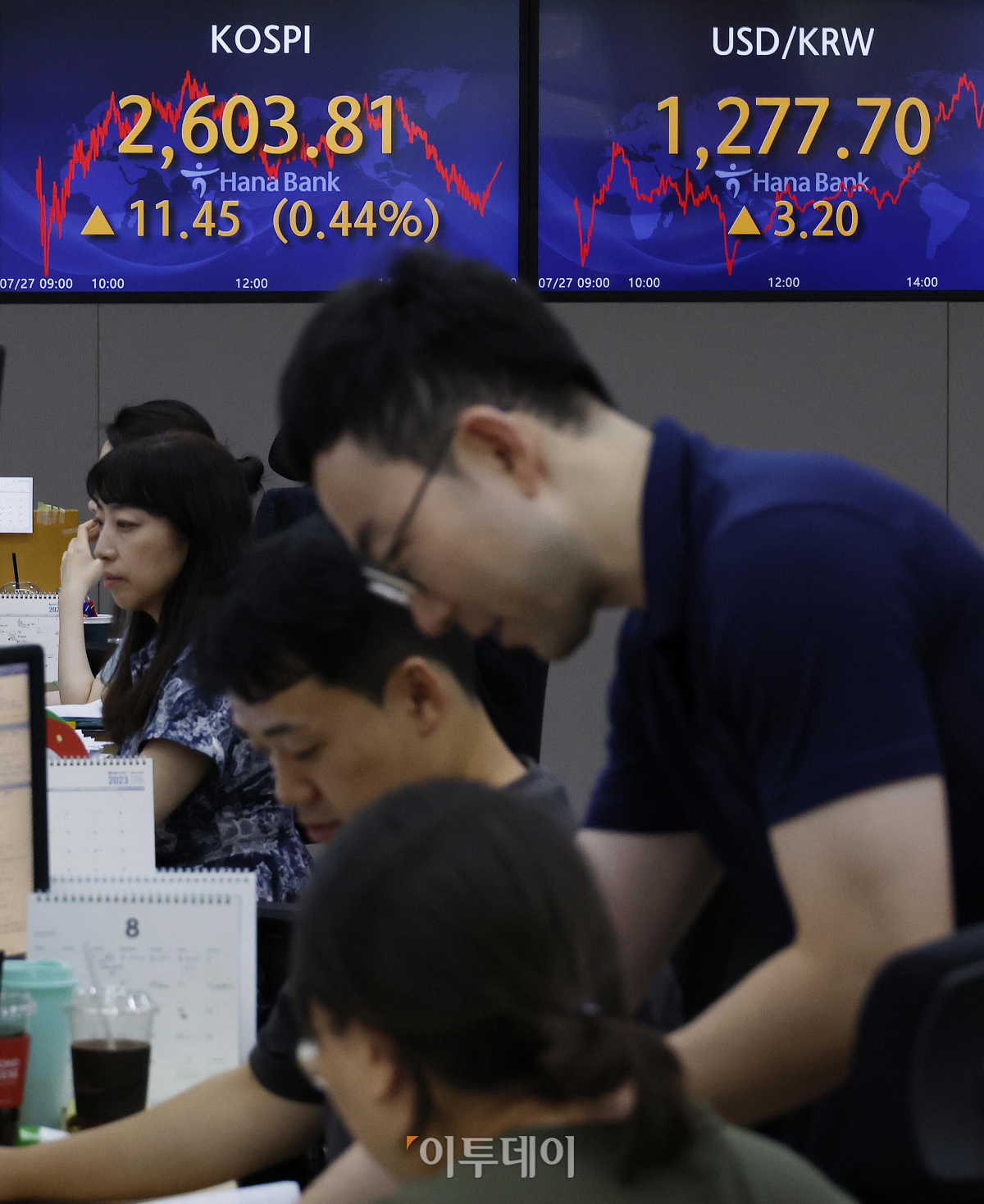 ▲27일 서울 중구 하나은행 딜링룸 전광판에 코스피 지수가 전 거래일보다 11.45(0.44%)포인트 상승한 2603.81을 나타내고 있다. 원·달러 환율은 전 거래일보다 3.2원 오른 1277.7원을 나타냈다. 조현호 기자 hyunho@