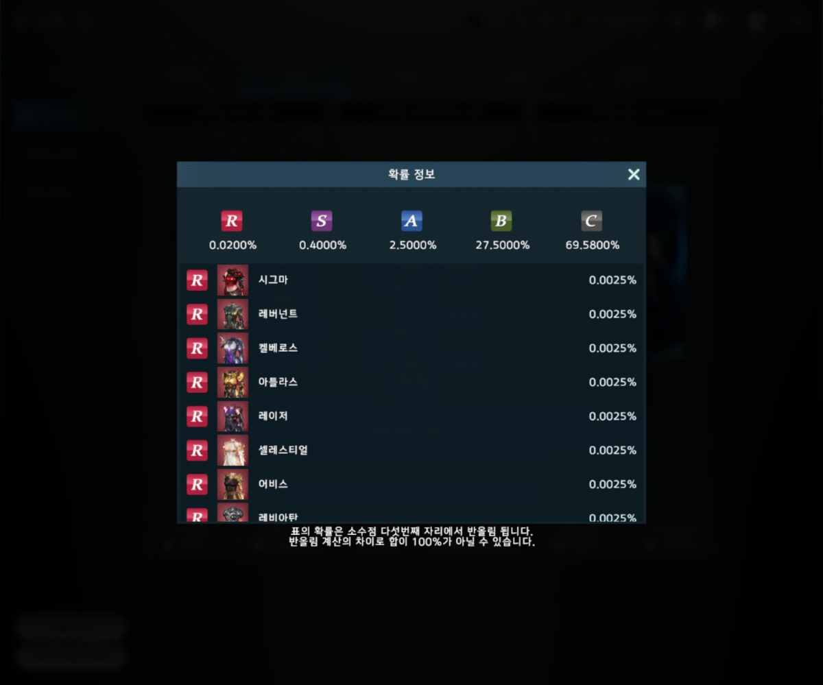 ▲뽑기에서 나오는 최고등급인 R 등급은 개별 확률이 0.0025%로, 모든 확률을 더해도 0.02%의 확률로 획득이 가능하다. (출처=아레스: 라이즈 오브 가디언즈 인게임 스크린샷)
