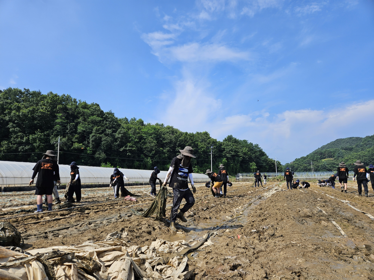 ▲토스뱅크 임직원들이 이달 28일 집중호우 피해를 입은 충남 부여군 일대의 수박 재배 농가를 찾아 시설 피해복구 지원에 나섰다. (사진제공=토스뱅크)