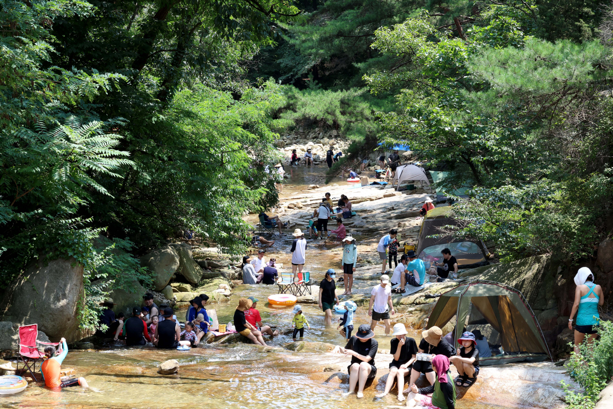 ▲전국에 폭염특보가 발효된 30일 경기 과천시 관악산 계곡을 찾은 시민들이 물놀이를 하며 무더위를 식히고 있다. 신태현 기자 holjjak@