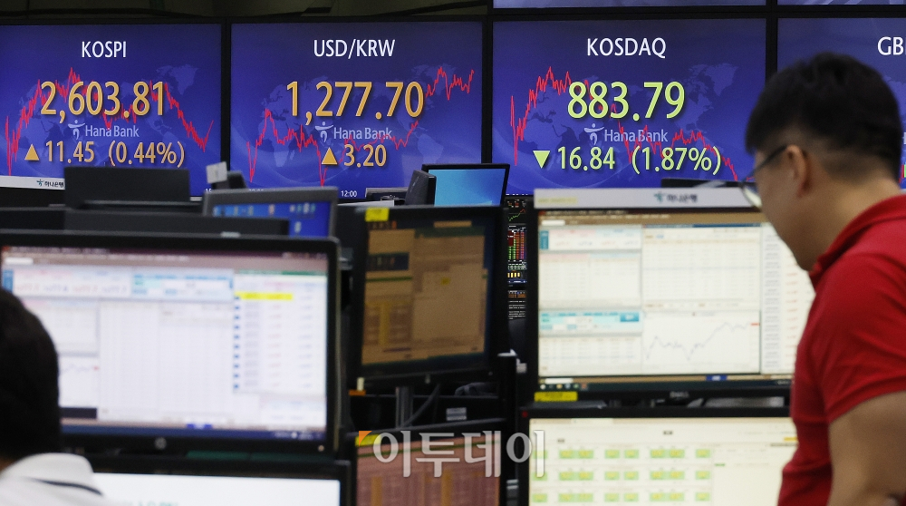 ▲27일 서울 중구 하나은행 딜링룸 전광판 모습. 조현호 기자 hyunho@ (이투데이DB)