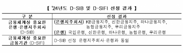 ▲2024년도 금융체계상 중요한 은행, 은행지주회사 및 금융체계상 중요한 금융기관. (자료=금융위원회)