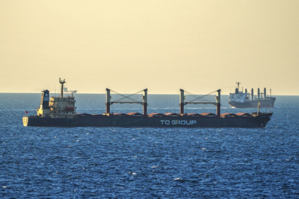 ▲우크라이나 오데사에서 출발한 곡물 화물선이 튀르키예 이스탄불의 보스포루스 해협에 정박하고 있다.  (AP/뉴시스)