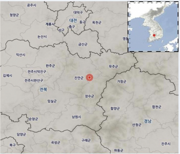 ▲29일 오후 7시 7분께 전부 장수군 북쪽 17km 지역에서 규모 3.5 지진이 발생했다. 사진은 지진이 발생된 지역. 출처 기상청 홈페이지 캡처
