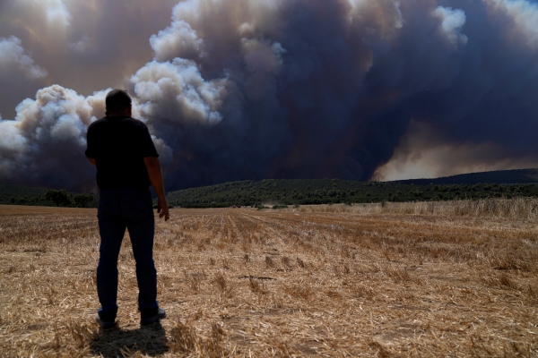 ▲18일(현지시간) 그리스 아테네 인근 이노이에서 산불로 인한 연기가 피어오르고 있다. (AP/뉴시스)
