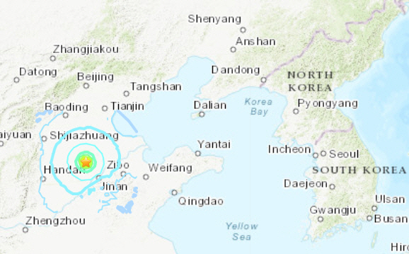▲중국 산둥성 더저우시(별표)에서 6일 지진이 발생했다. 출처 미국 지질조사국(USGS) 웹사이트
