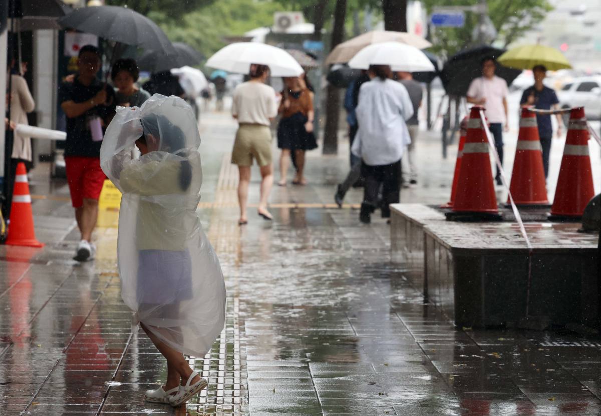▲전국이 제6호 태풍 카눈의 영향권에 든 10일 서울 세종로의 한 거리에서 우산을 쓴 시민들이 발걸음을 옮기고 있다. 신태현 기자 holjjak@