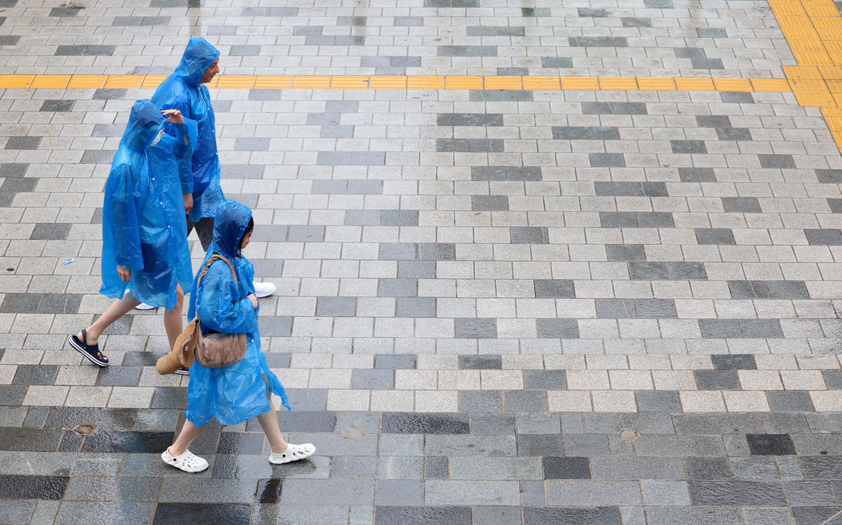 ▲전국이 제6호 태풍 카눈의 영향권에 든 10일 서울 세종로의 한 거리에서 우비를 입은 외국인 관광객들이 발걸음을 옮기고 있다. 신태현 기자 holjjak@