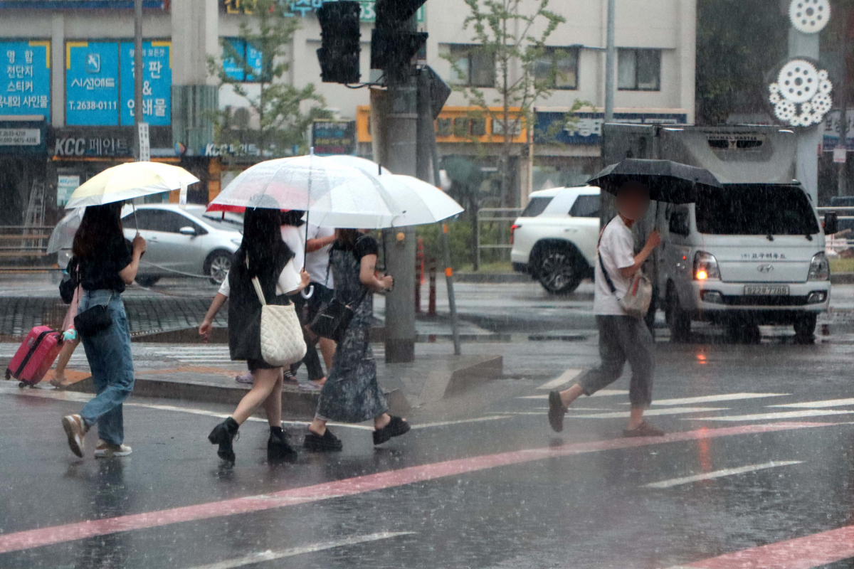 ▲제6호 태풍 카눈이 소멸했지만 남은 비구름이 서울에 많은 비를 내린 11일 서울의 한 거리에서 우산을 쓴 시민들이 발걸음을 재촉하고 있다. 신태현 기자 holjjak@