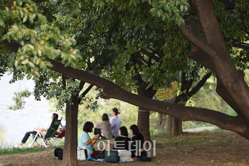 ▲서울 전역에 오존주의보가 내려진 18일 서울 양화 한강공원에 시민들이 그늘에서 휴식을 취하고 있다. 오존주의보는 오존이 시간당 평균 0.12ppm 이상일 때 발령하고 그 미만이면 해제한다.고이란 기자 photoeran@