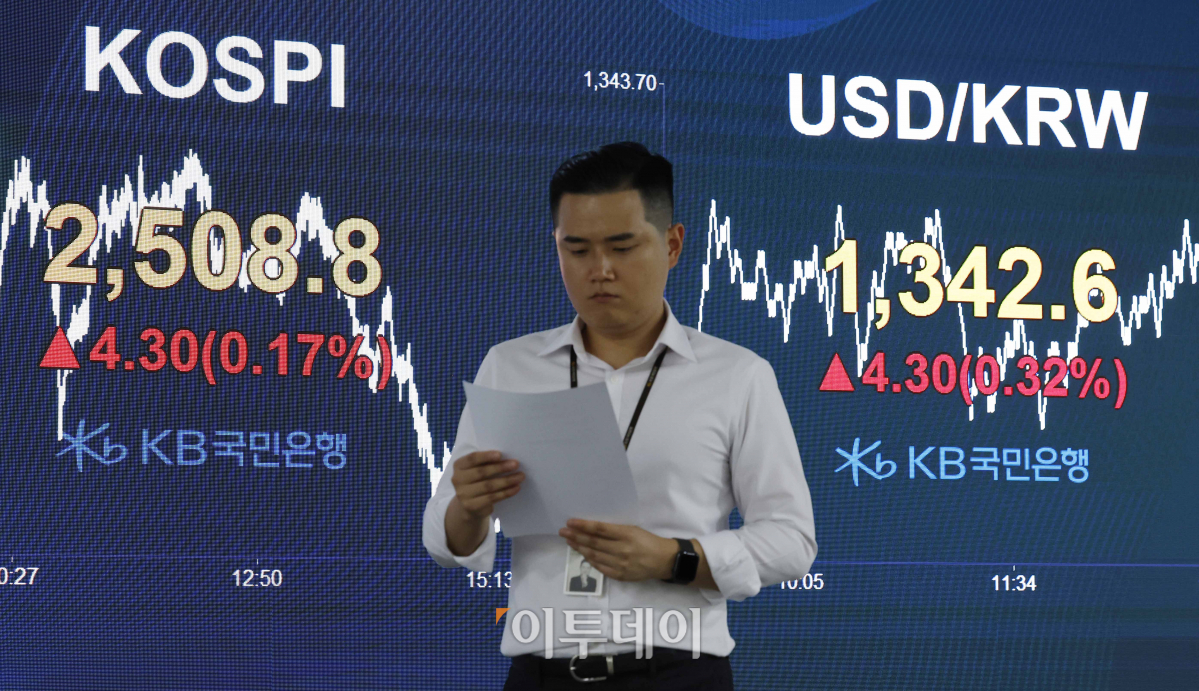 ▲21일 서울 영등포구 KB국민은행 딜링룸 전광판에 코스피 지수가 전 거래일보다 4.30(0.17%)포인트 상승한 2508.8을 나타내고 있다. 원·달러 환율은 전 거래일보다 4.30(0.32%)원 오른 1342.6원을 기록했다. 조현호 기자 hyunho@