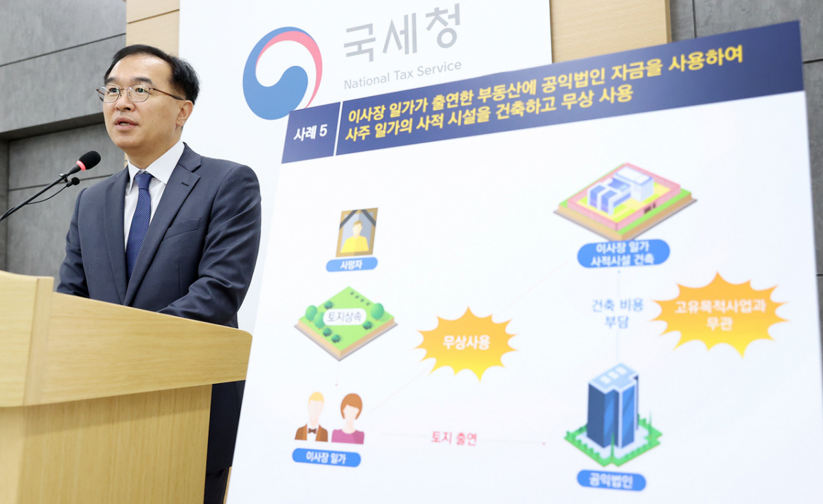 ▲최재봉 국세청 법인납세국장이 23일 국세청 브리핑 룸에서 상반기 공익법인 개별 검증 결과를 발표하고 있다. (사진제공=국세청)