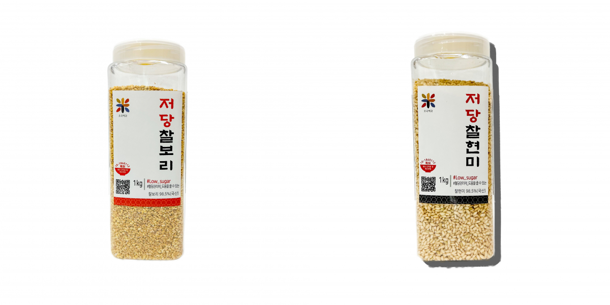 ▲(왼쪽부터) 롯데마트가 새로 출시하는 저당 찰보리, 저당 찰현미 제품 모습 (사진제공=롯데마트)