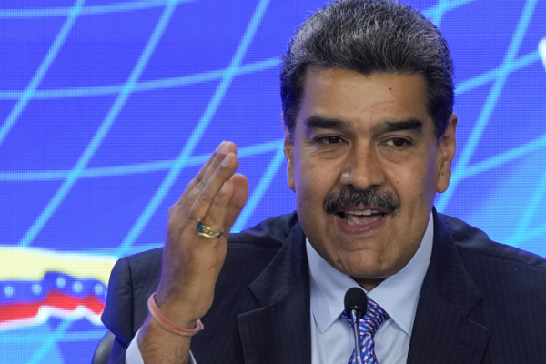 ▲니콜라스 마두로 베네수엘라 대통령이 7월 8일(현지시간) 카라카스 미라플로레스 대통령궁에서 미아 모틀리 바베이도스 총리와 회담 중 발언하고 있다. 카라카스/AP뉴시스