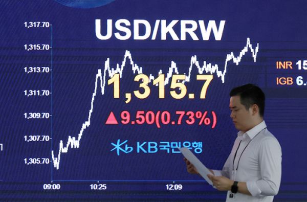 ▲8일 서울 여의도 KB국민은행 딜링룸 전광판에 원·달러 환율이 전일 보다 9.5원 상승한 1315.7원을 나타내고 있다. 이날 코스피 지수는 전 거래일 종가보다 6.73포인트(0.26%) 하락한  2573.98, 코스닥 지수가 전 거래일 종가보다 5.88포인트(0.65%) 내려간 892.34을 기록했다. 고이란 기자 photoeran@