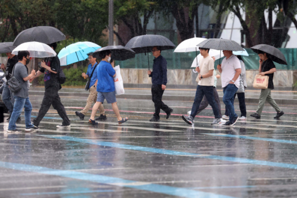 ▲전국이 제6호 태풍 카눈의 영향권에 든 10일 서울 세종로의 한 거리에서 우산을 쓴 시민들이 발걸음을 옮기고 있다. 신태현 기자 holjjak@