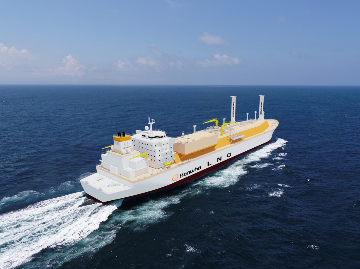 ▲한화오션 그린십 사양 LNG운반선 조감도. (사진제공=한화오션)