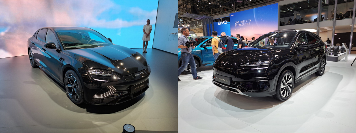 ▲BYD의 세단형 전기차 '씰(왼쪽'과 스포츠유틸리티차(SUV)형 전기차 '씰 유'. (이민재 기자 2mj@)