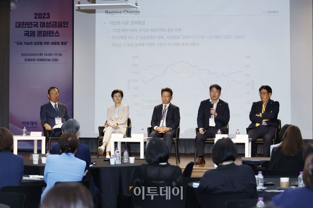 ▲이동행 미래에셋 OCIO 리서치센터장이 7일 서울 중구 은행회관에서 열린 ‘2023 대한민국 여성금융인 국제 콘퍼런스’에서 ‘성별 다양성 촉진과 OCIO 자산운용’을 주제로 패널 토론을 하고 있다. 이투데이와 여성금융인네트워크가 주최한 여성금융인 국제콘퍼런스는 여성 금융인의 경제활동 활성화를 위한 내실 있는 국제적 논의의 장이며, 금융업의 현안과 미래에 대해 각 분야의 전문가들과 의견을 나누고 국내 금융산업이 가야할 길을 모색하는 자리다. 조현호 기자 hyunho@