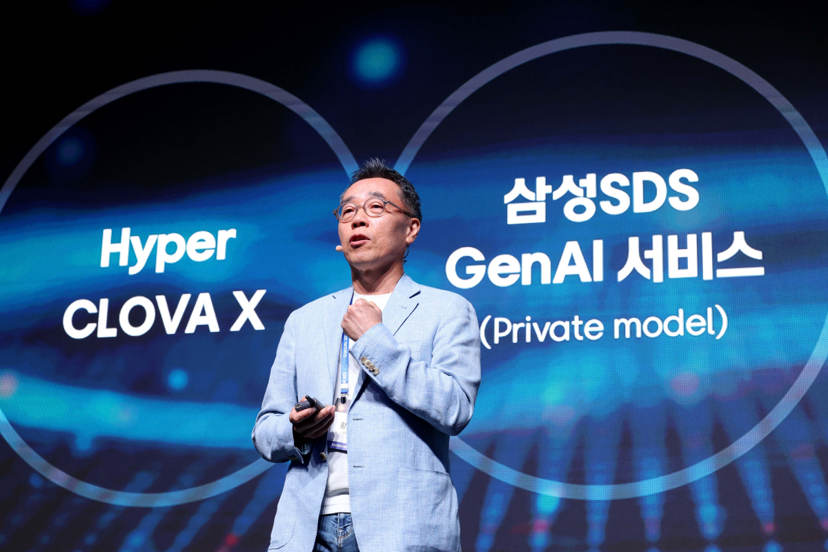 ▲황성우 삼성SDS 대표이사가 12일 서울 강남구 그랜드 인터컨티넨탈 서울 파르나스에서 열린 ‘리얼서밋2023’에서 키노트스피치를 진행하고 있다. 신태현 기자 holjjak@