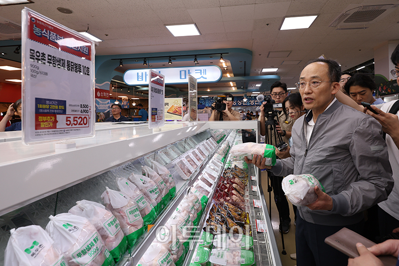 ▲추경호 경제부총리 겸 기획재정부 장관이 17일 서울 양재동 농협하나로마트 매장에서 추석 농축수산물 수급 및 가격 동향을 점검하고 있다.
