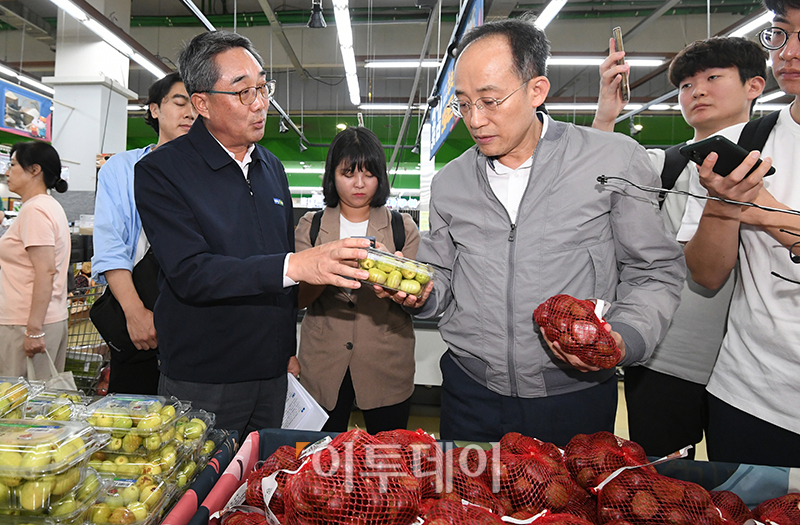 ▲추경호 경제부총리 겸 기획재정부 장관이 17일 서울 양재동 농협하나로마트 매장에서 추석 농축수산물 수급 및 가격 동향을 점검하고 있다. 고이란 기자 photoeran@