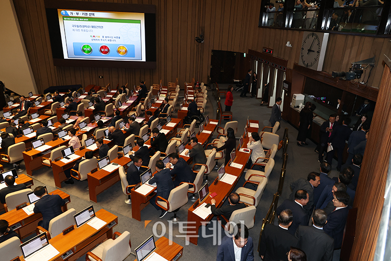 ▲21일 서울 여의도 국회 본회의에서 '국무총리 한덕수 해임 건의안' 전자무기명 투표가 진행되고 있다. 고이란 기자 photoeran@