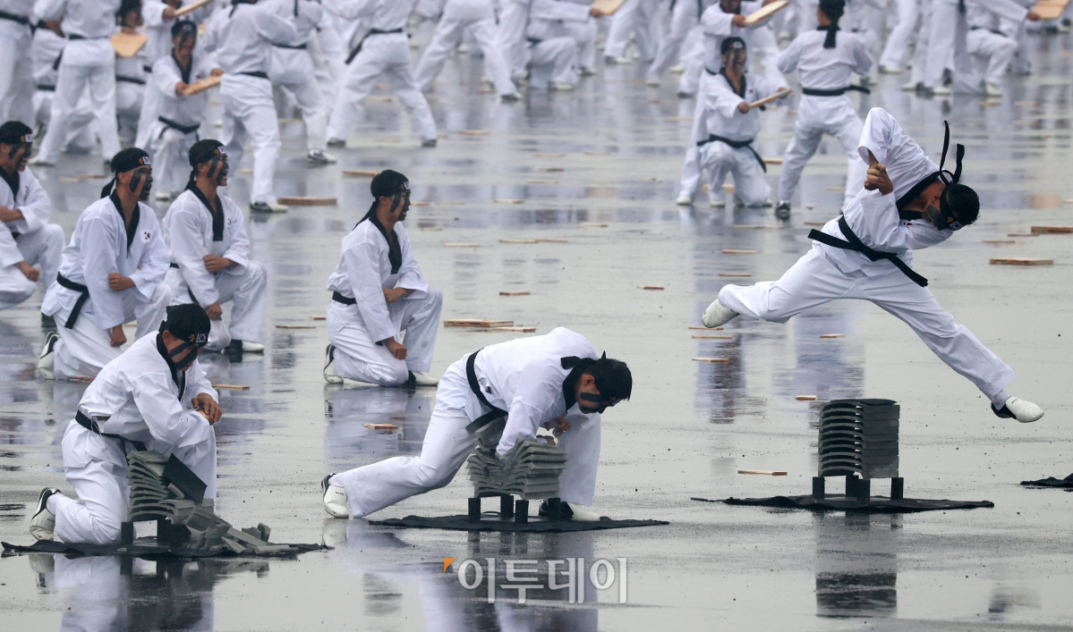 ▲26일 오전 경기도 성남시 서울공항에서 열린 '건군 75주년 국군의 날 기념식'에서 군 장병들이 태권도 격파 시범을 선보이고 있다. 사진공동취재단