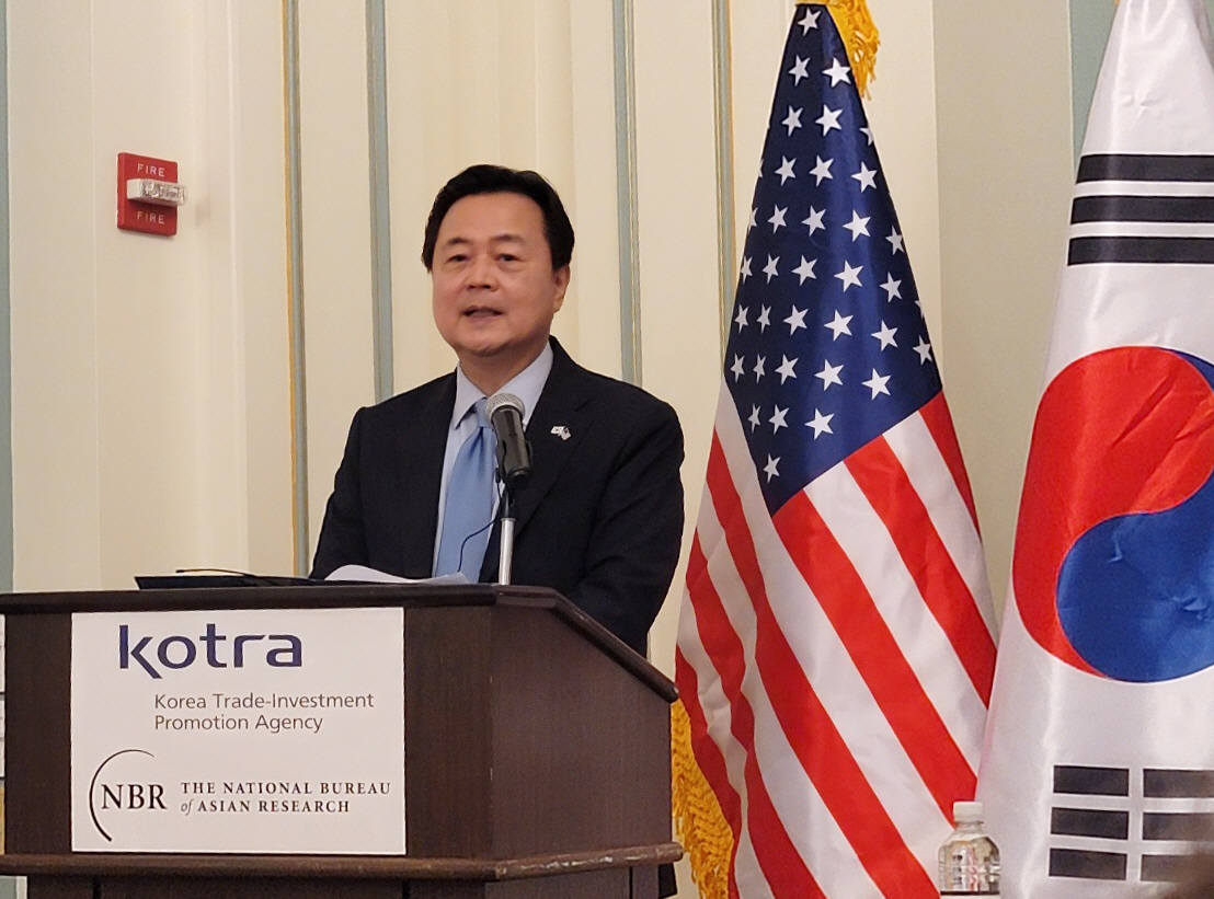 ▲현동 주미대사가 12일(현지시간) 워싱턴D.C.에서 인사말을 하고 있다. 연합뉴스