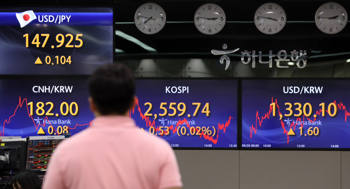 ▲20일 서울 중구 명동 하나은행 딜링룸에서 딜러가 업무를 보고 있다. 뉴시스