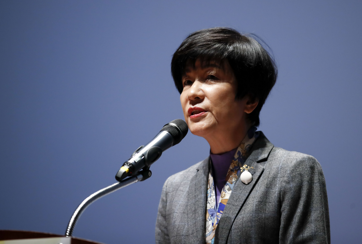 ▲김영주 국회 부의장이 27일 오후 서울 영등포구 한국거래소 컨퍼런스홀에서 열린 4.27판문점선언 5주년 기념 학술회의에서 축사를 하고 있다. (뉴시스)