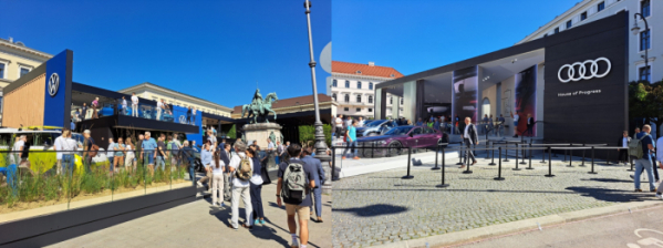 ▲5일(현지시간) 독일 뮌헨 마리엔 광장 인근에 마련된 폭스바겐(왼쪽), 아우디의 오픈 스페이스. (이민재 기자 2mj@)