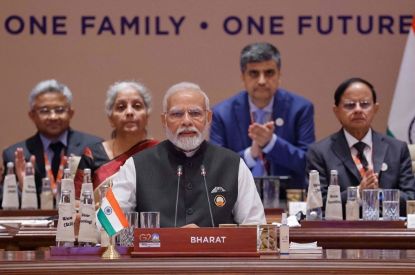 ▲나렌드라 모디 인도 총리가 9일(현지시간) 주요 20개국(G20) 정상회담장에서 발언하고 있다. 뉴델리/AFP연합뉴스
