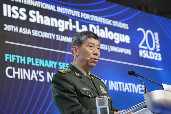 ▲2023년 6월 4일 리상푸 중국 국무위원 겸 국방부장이 싱가포르 샹그릴라 호텔에서 열린 제 20차 아시아안보회의(샹그릴라 대화)에서 ‘중국의 신안보 이니셔티브’를 주제로 연설하고 있다. 싱가포르/AP뉴시스
