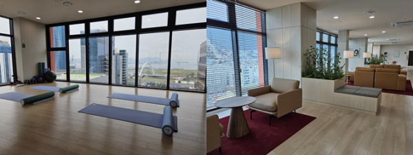 ▲'리마크빌 부산역' 18층에 마련된 GX룸(왼쪽)과 라운지 전경.  (사진=정용욱 기자 dragon@)