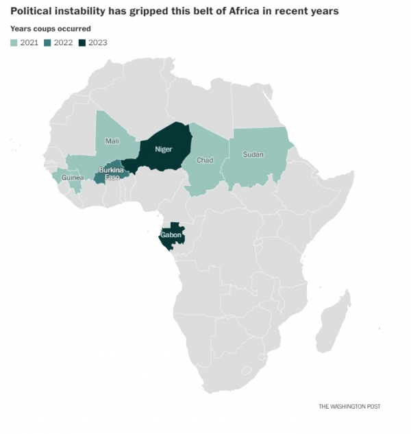 ▲2021년 이후 아프리카에서 쿠데타가 발생한 지역. 출처 워싱턴포스트(WP).
