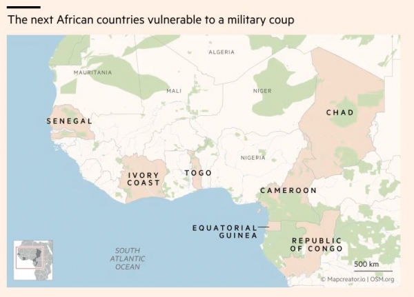 ▲아프리카 군사 쿠데타 발생 우려 지역. 아이보리 색으로 칠한 영문명 표시 지역. 왼쪽부터 세네갈, 코트디부아르, 토고. 카메룬, 적도기니, 콩고, 차드. 출처 파이낸셜타임스(FT) 
