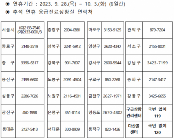 ▲추석 연휴 기간 서울시 및 각 자치구별 응급진료상황실 연락처. (자료제공=서울시)