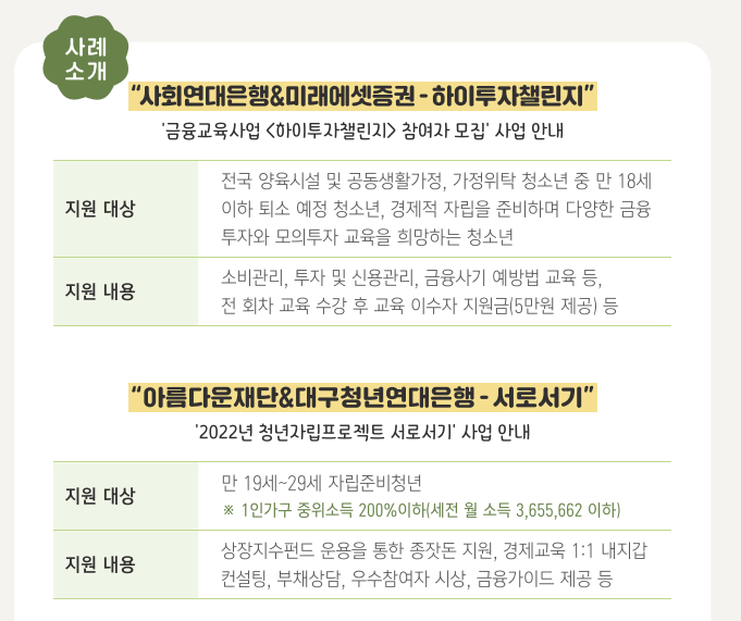 ▲보건복지부가 ‘자립준비청년 자립지원 활동 가이드북’에서 제시한 금융 분야 지원 사례. (사진제공=보건복지부, 2023 자립준비청년 자립지원 활동 가이드북.)